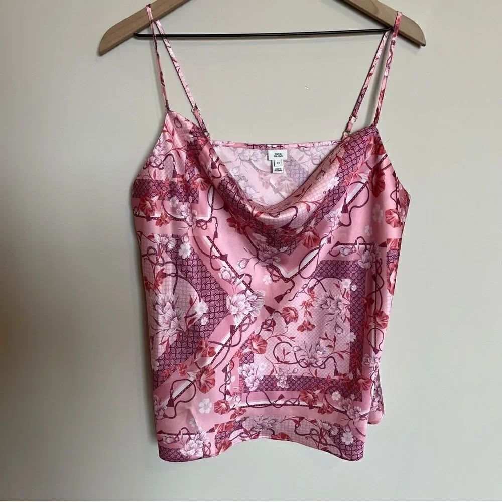 River Island satin cowl neck cami in pink print